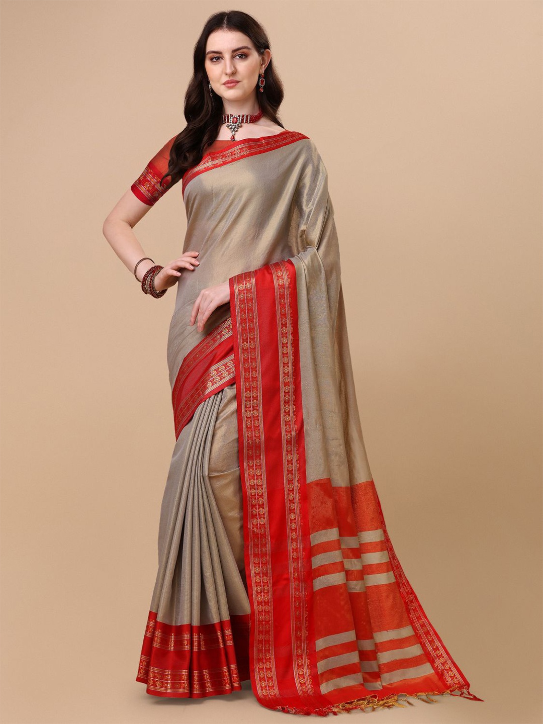 

KALINI Grey & Red Zari Pure Silk Ilkal Saree
