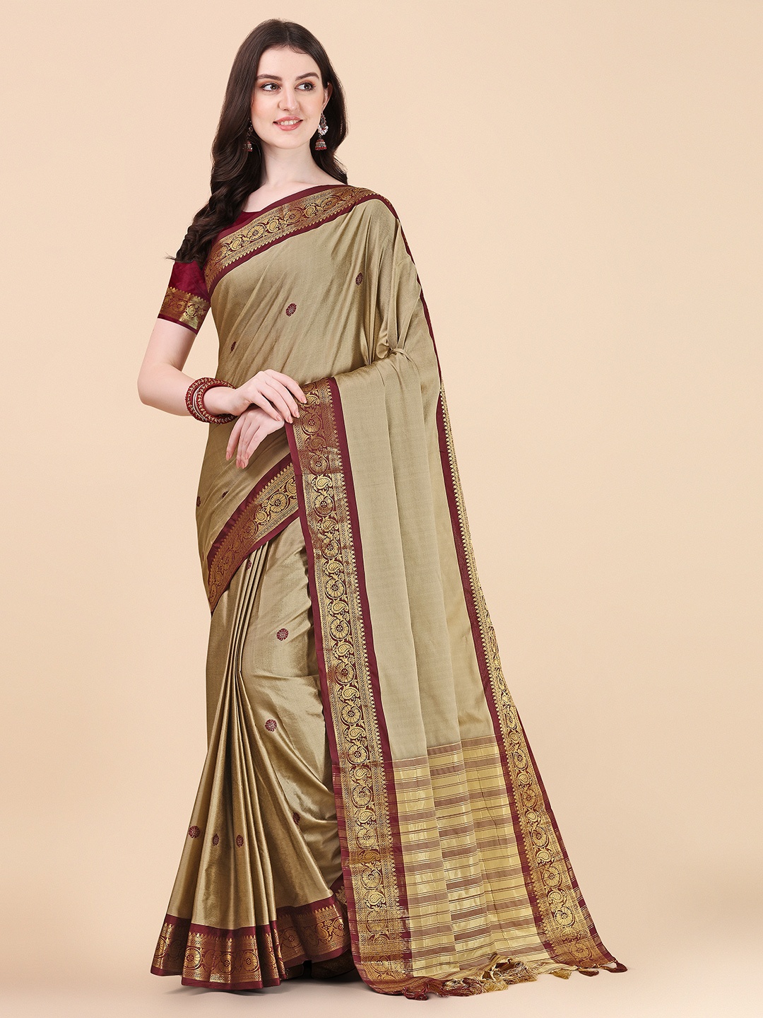 

KALINI Woven Design Zari Pure Silk Ilkal Saree, Beige