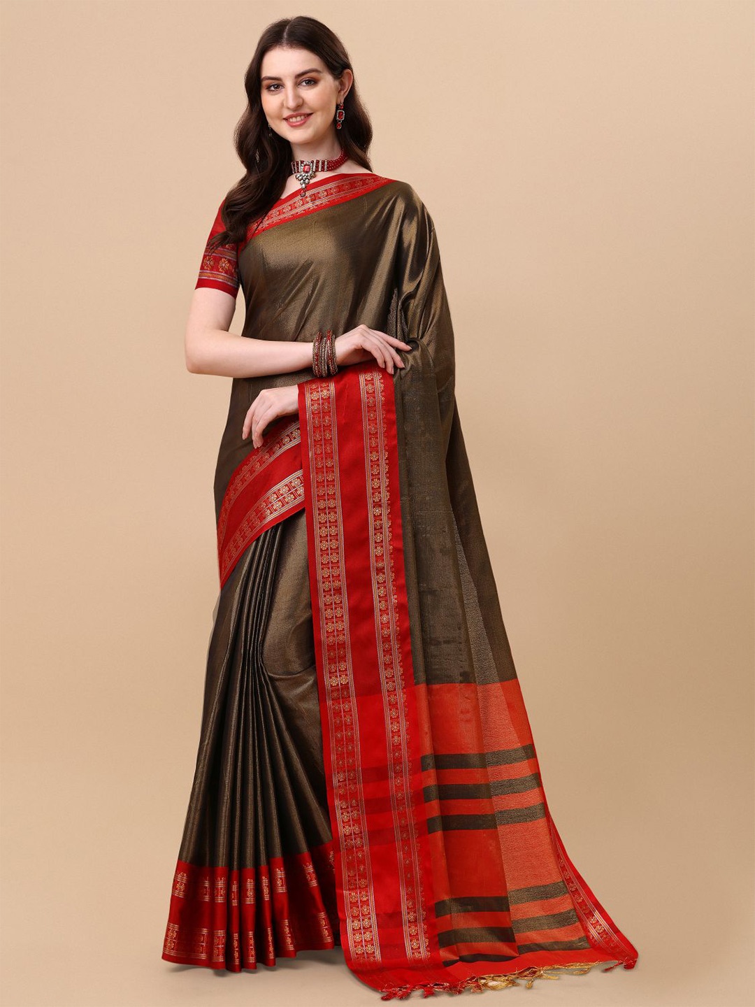 

KALINI Pure Silk Ilkal Zari Border Saree, Olive
