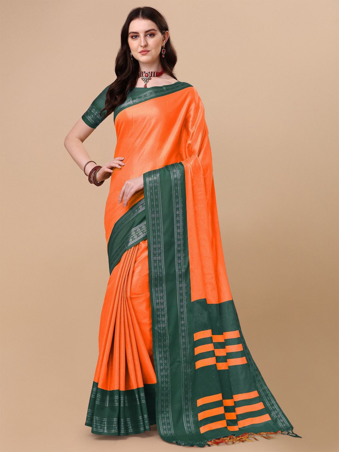 

KALINI Pure Silk Ilkal Zari Border Saree, Orange