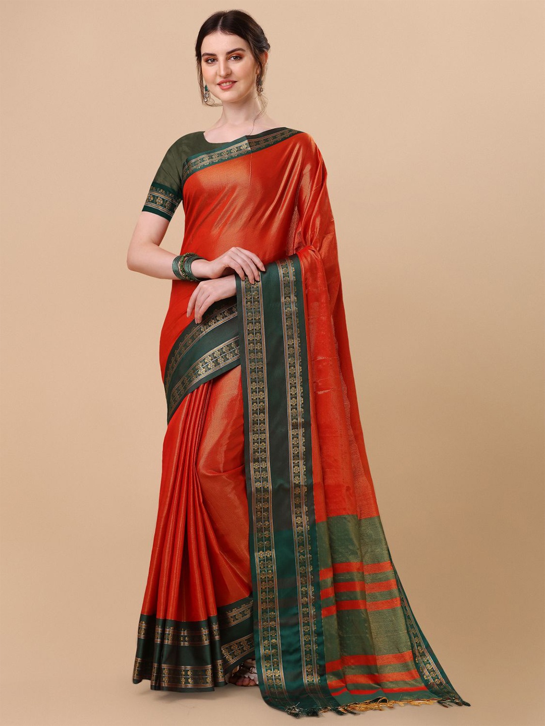 

KALINI Pure Silk Zari Border Ilkal Saree, Orange