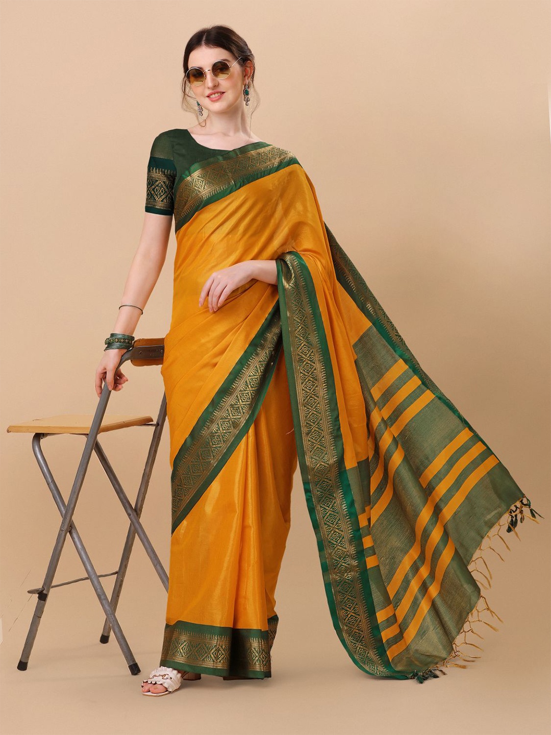

KALINI Pure Silk Ilkal Zari Border Saree, Mustard
