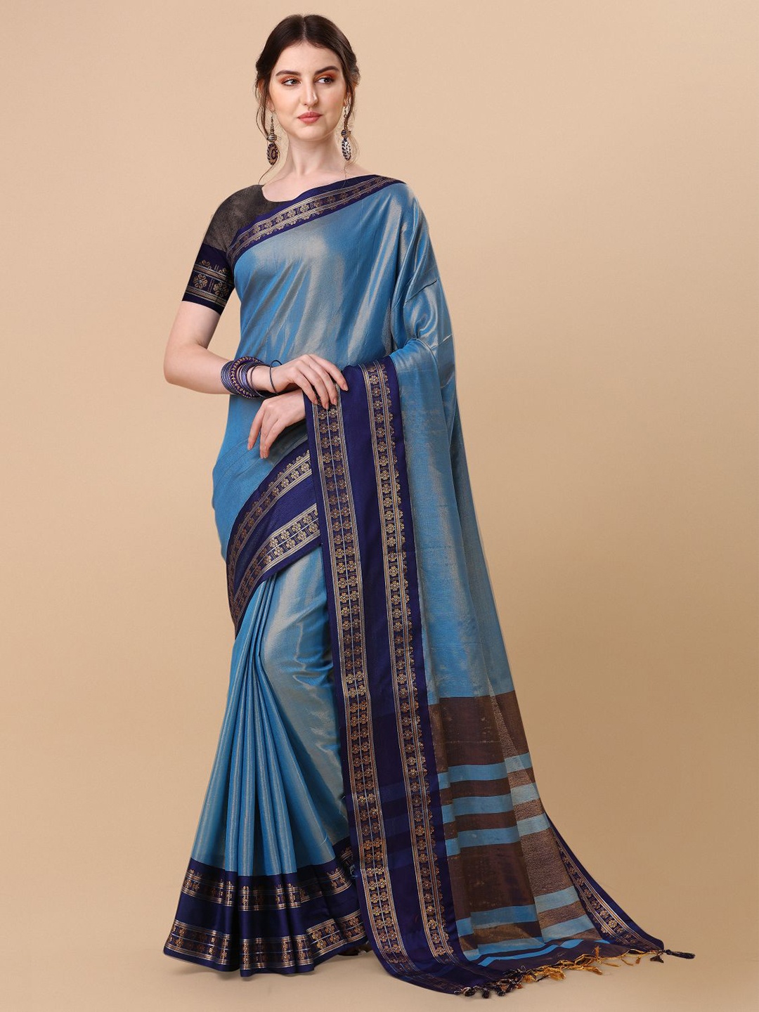 

KALINI Pure Silk Ilkal Zari Border Saree, Turquoise blue