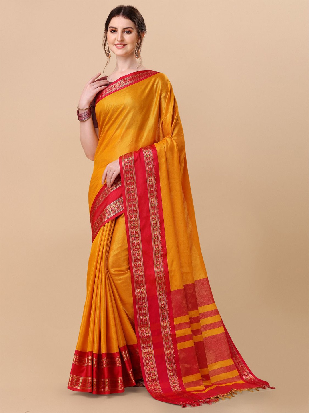 

KALINI Mustard & Pink Colourblocked Pure Silk Ilkal Saree