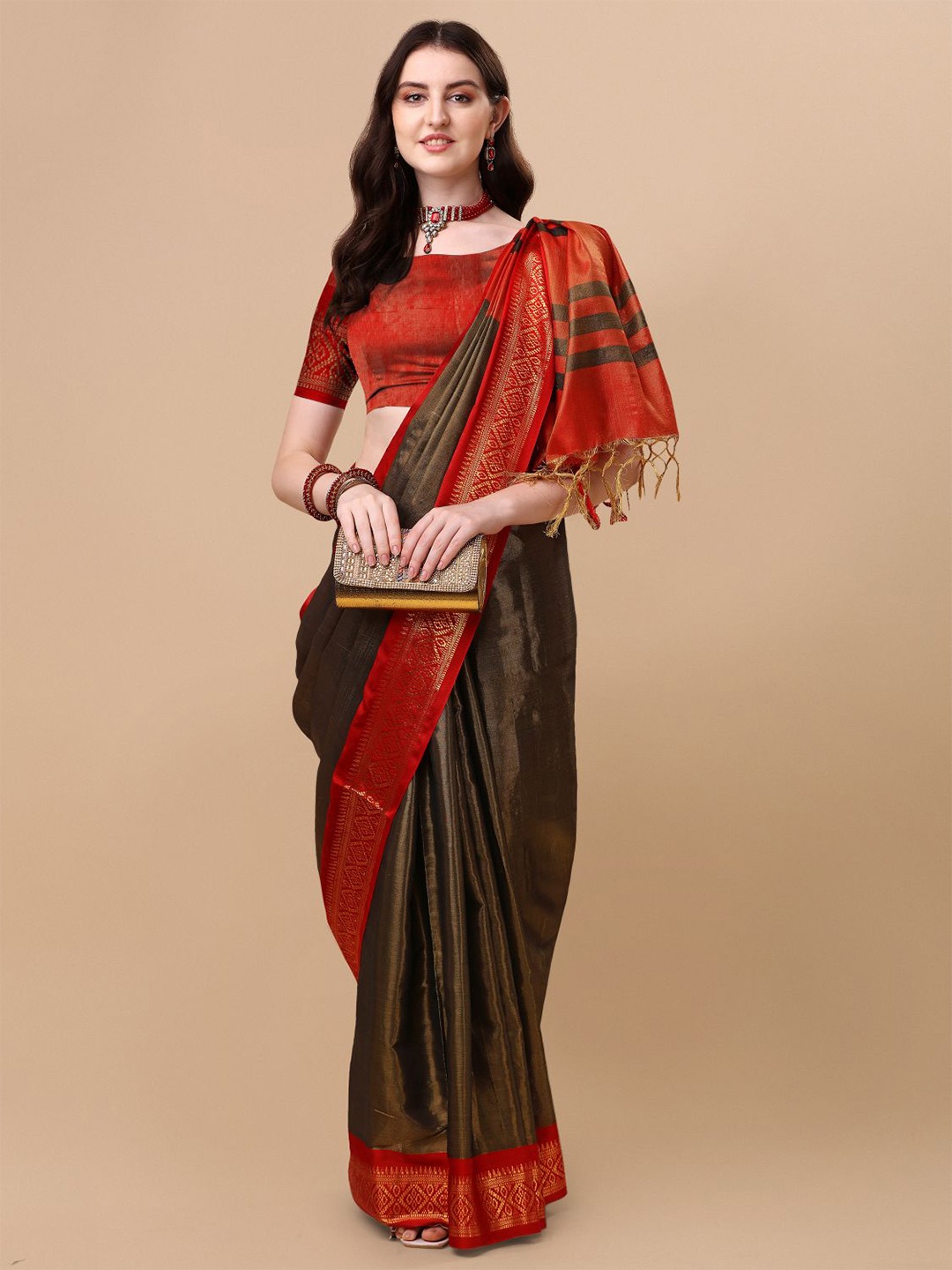 

KALINI Pure Silk Ilkal Zari Border Saree, Olive