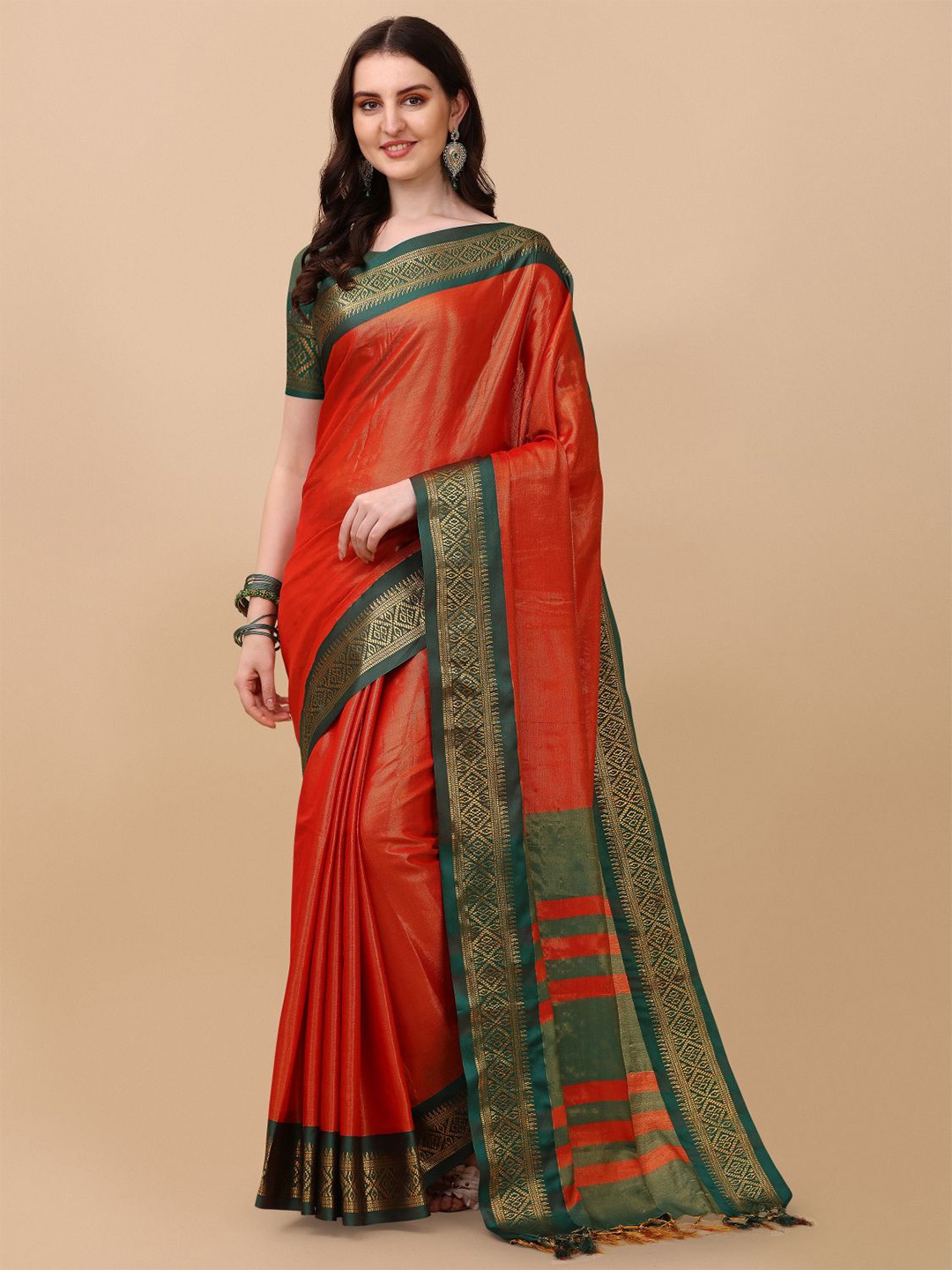 

KALINI Pure Silk Ilkal Zari Border Saree, Orange
