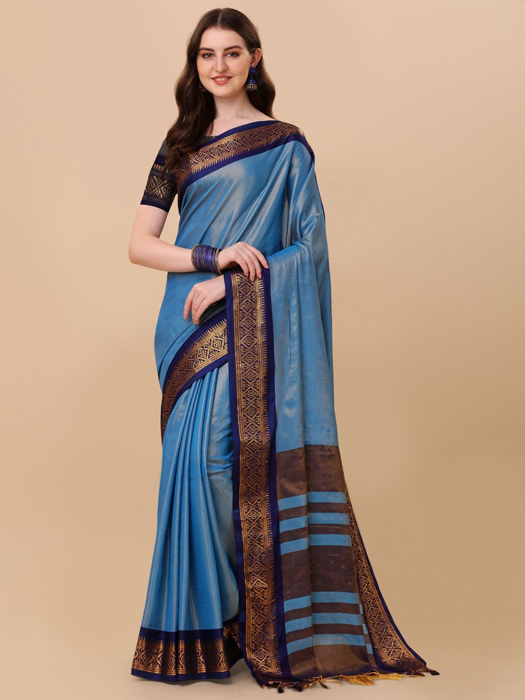 

KALINI Pure Silk Ilkal Zari Border Saree, Turquoise blue