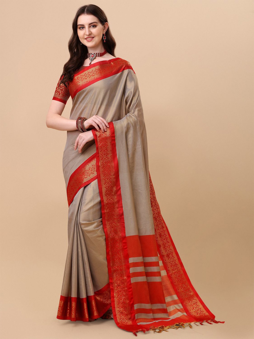 

KALINI Pure Silk Ilkal Zari Border Saree, Beige