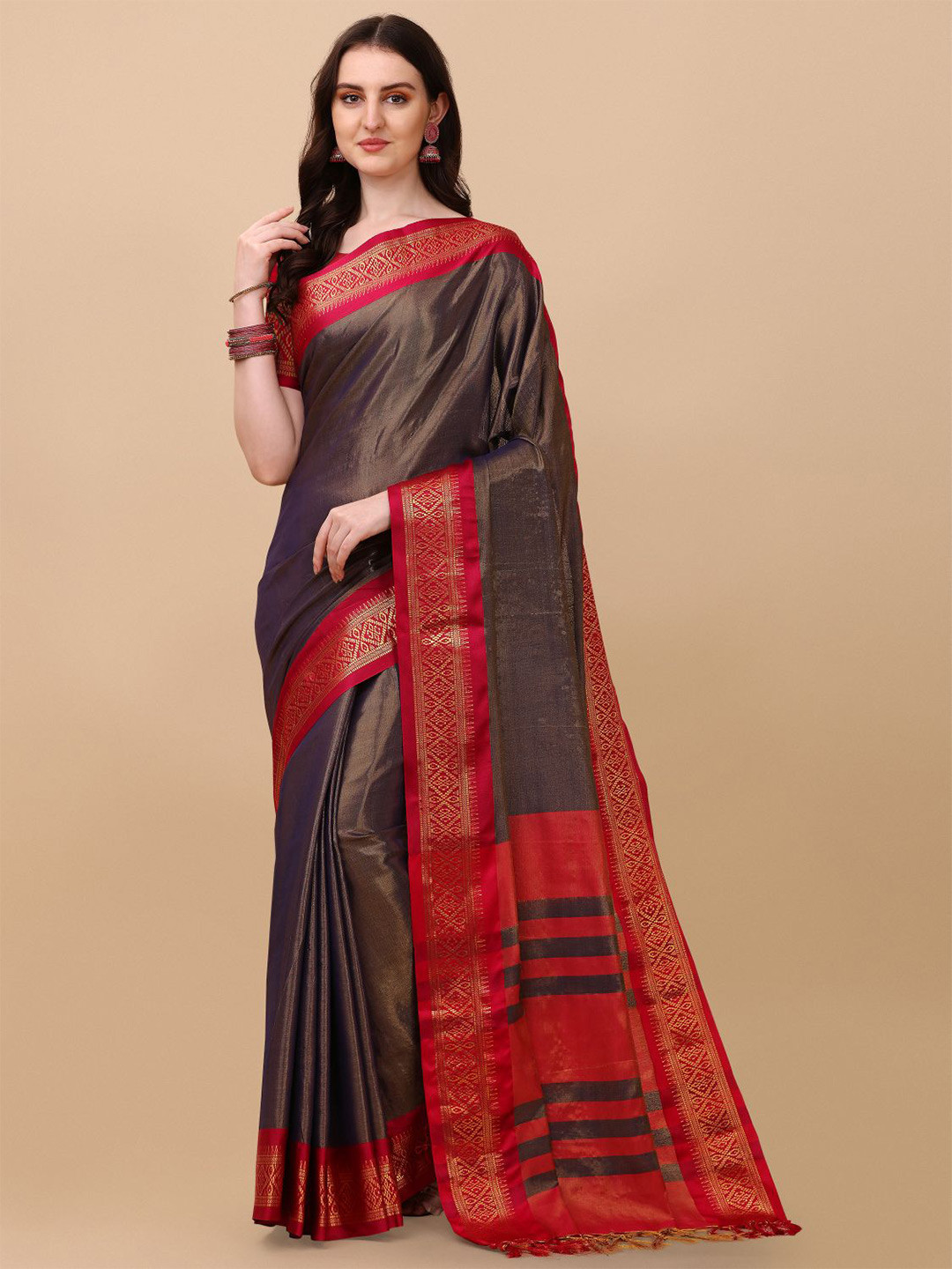 

KALINI Brown & Red Zari Pure Silk Ilkal Saree