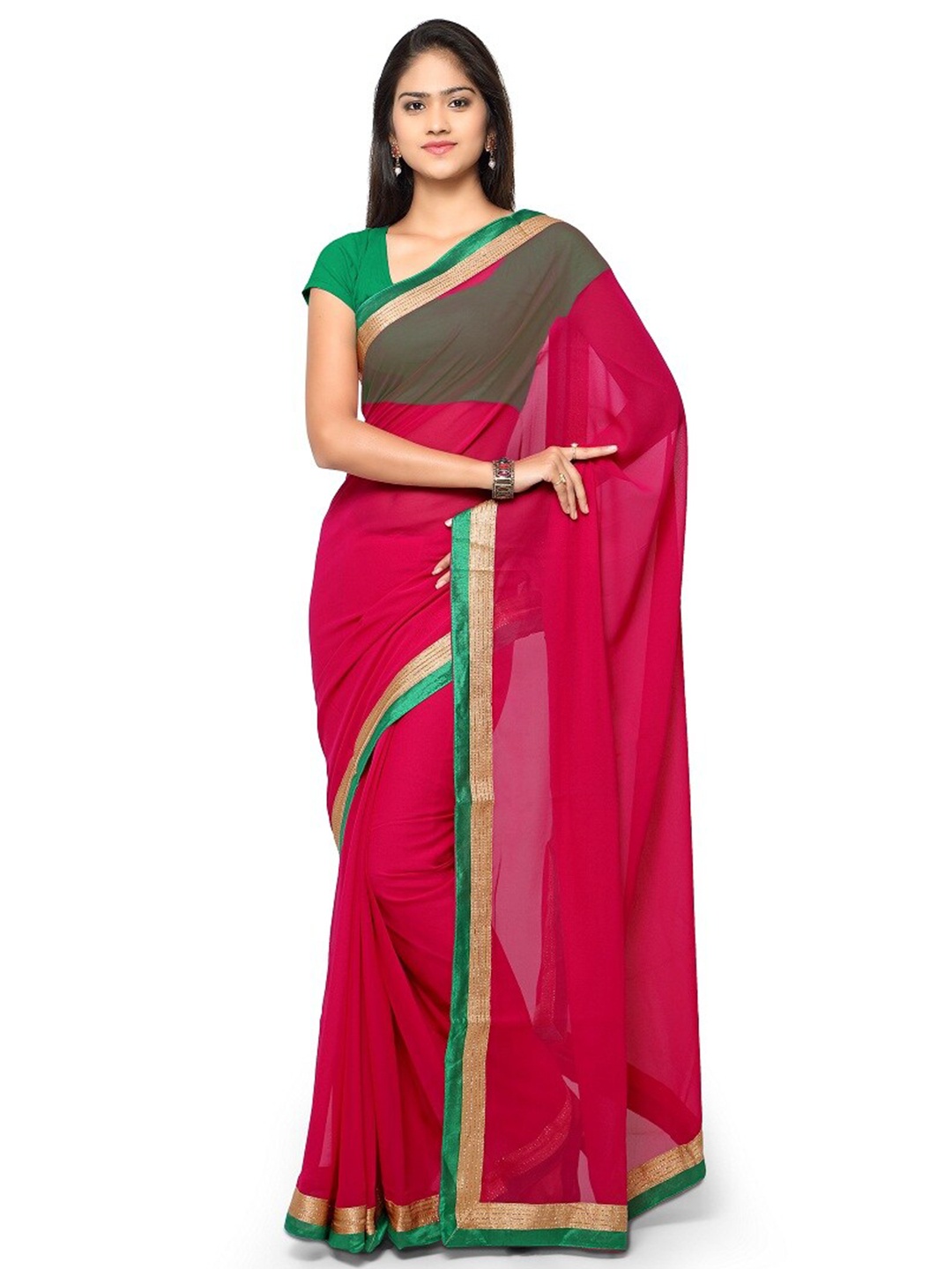 

SAADHVI Chiffon Lace Work Zari Saree, Pink