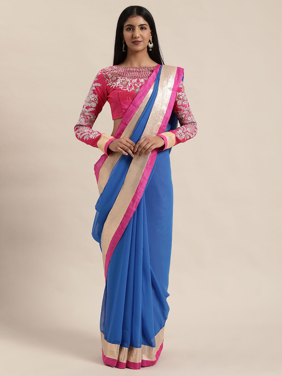 

SAADHVI Chiffon Lace Work Zari Saree, Blue