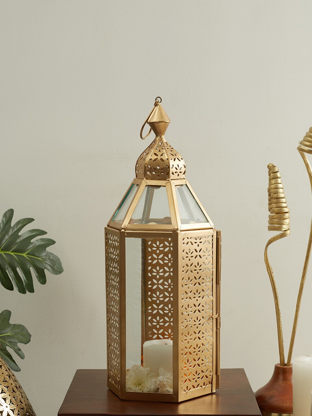 

HomeTown Gold-Toned Nelumbra Metal Lantern Candle Holders, Na