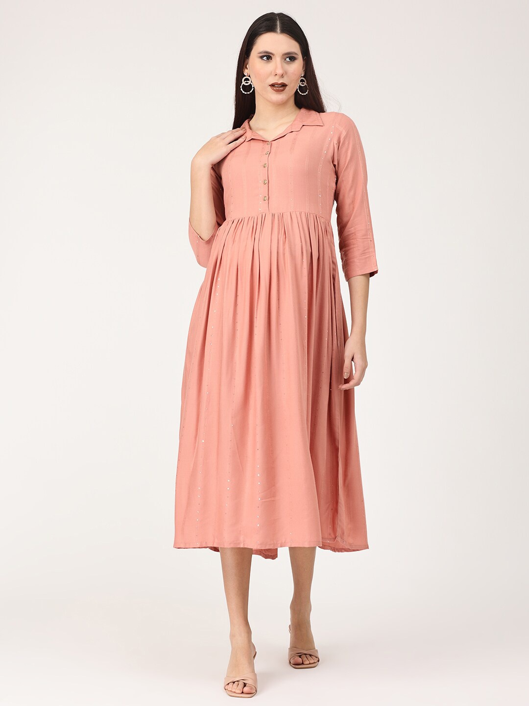 

The Mom Store Striped Maternity A-Line Midi Dress, Peach
