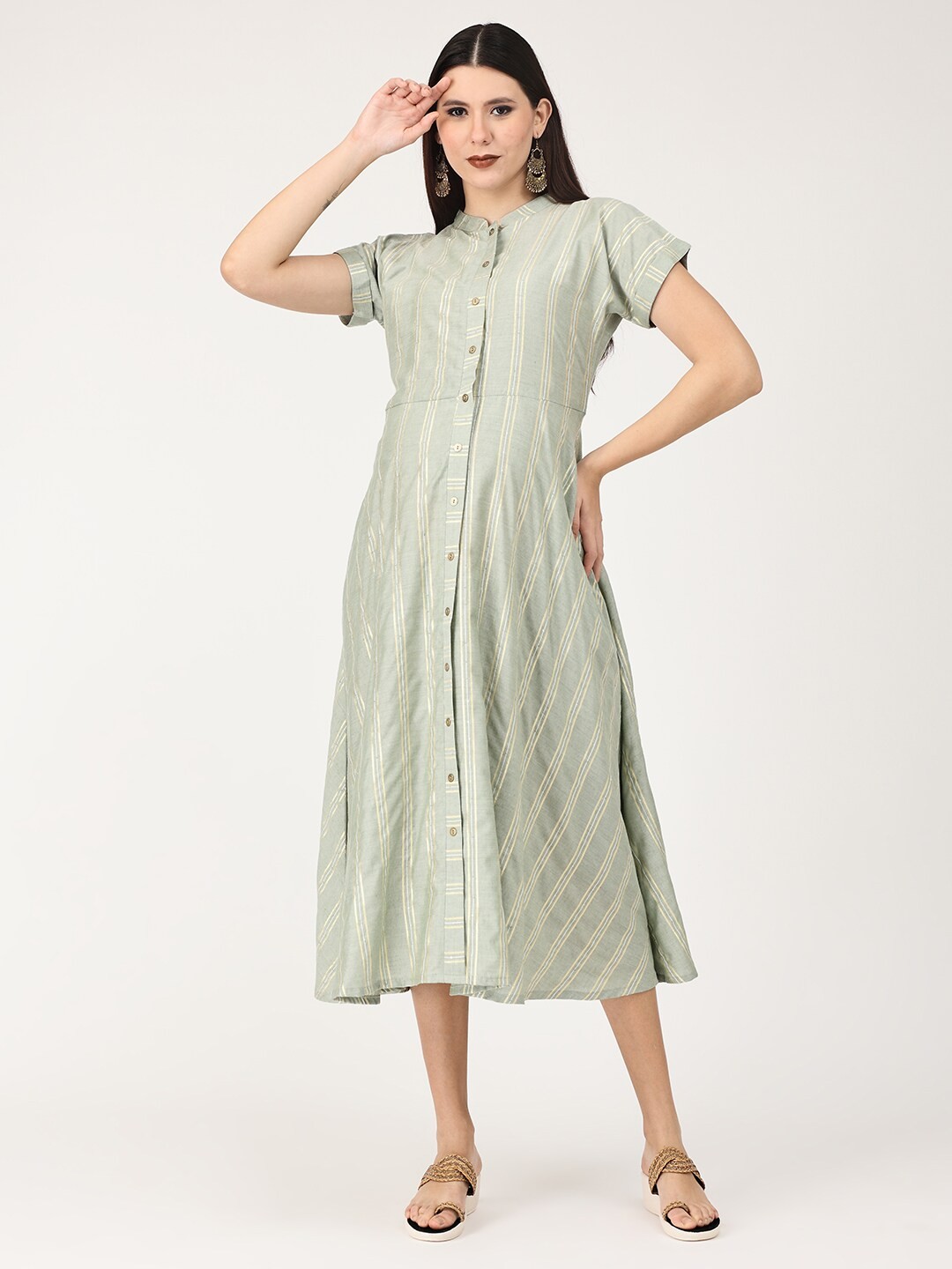 

The Mom Store Striped Maternity A-Line Midi Dress, Olive