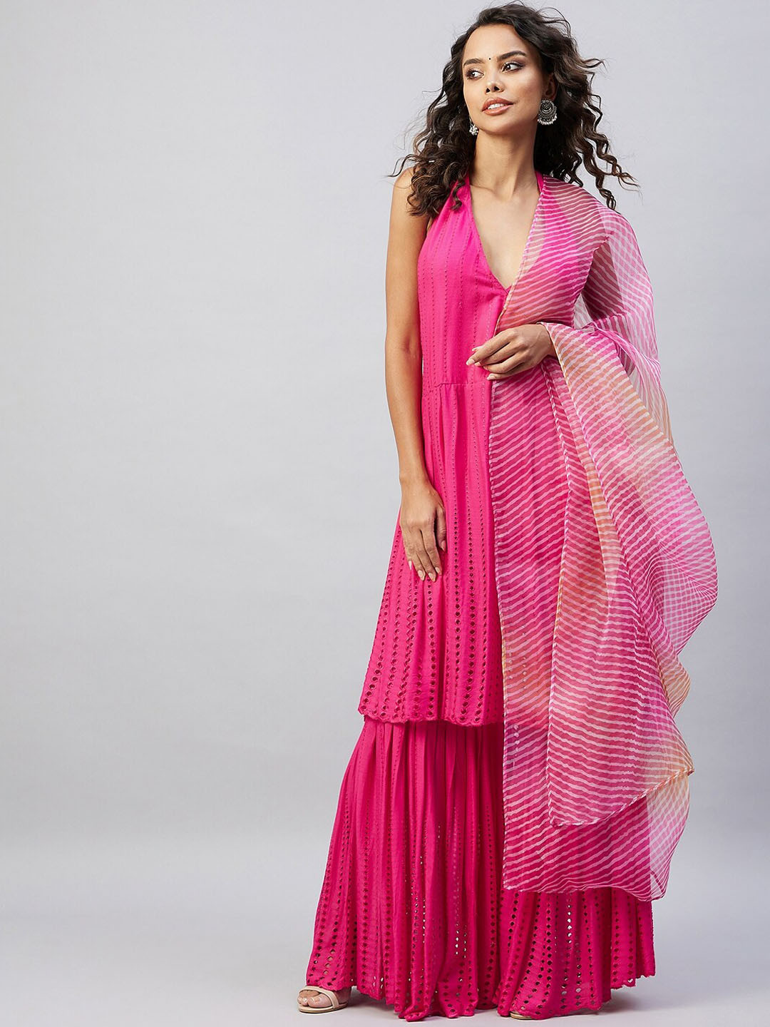 

InWeave Women Embroidered Pleated Kurta with Sharara & Dupatta, Fuchsia