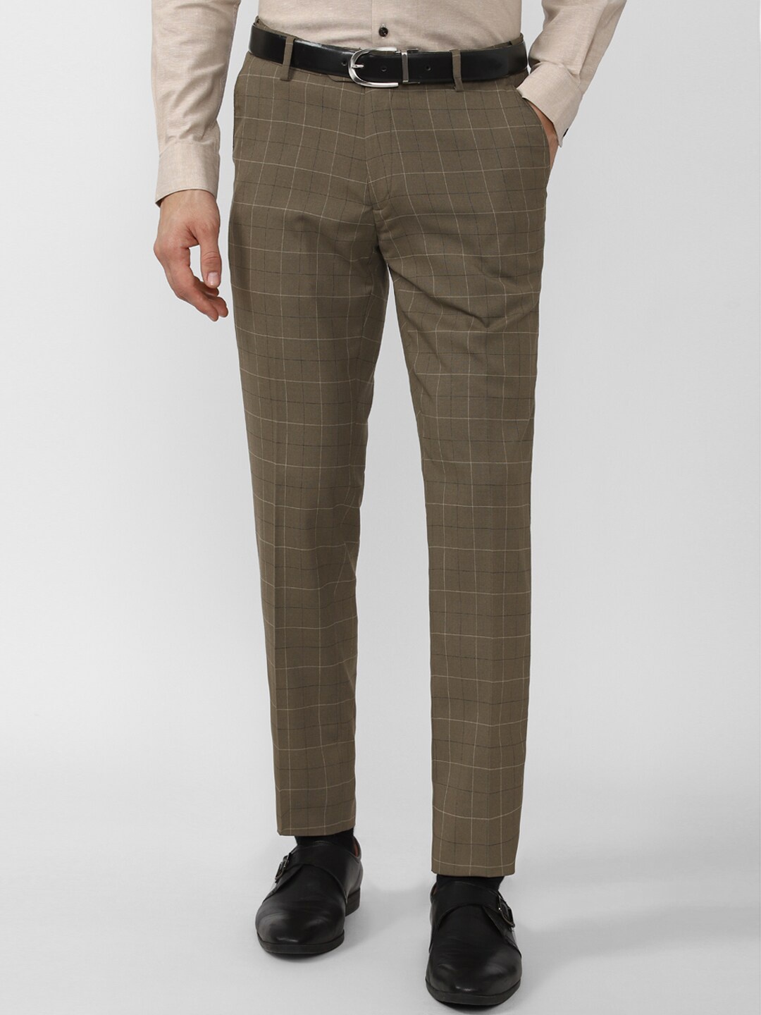 

Peter England Men Checked Slim Fit Trousers, Brown