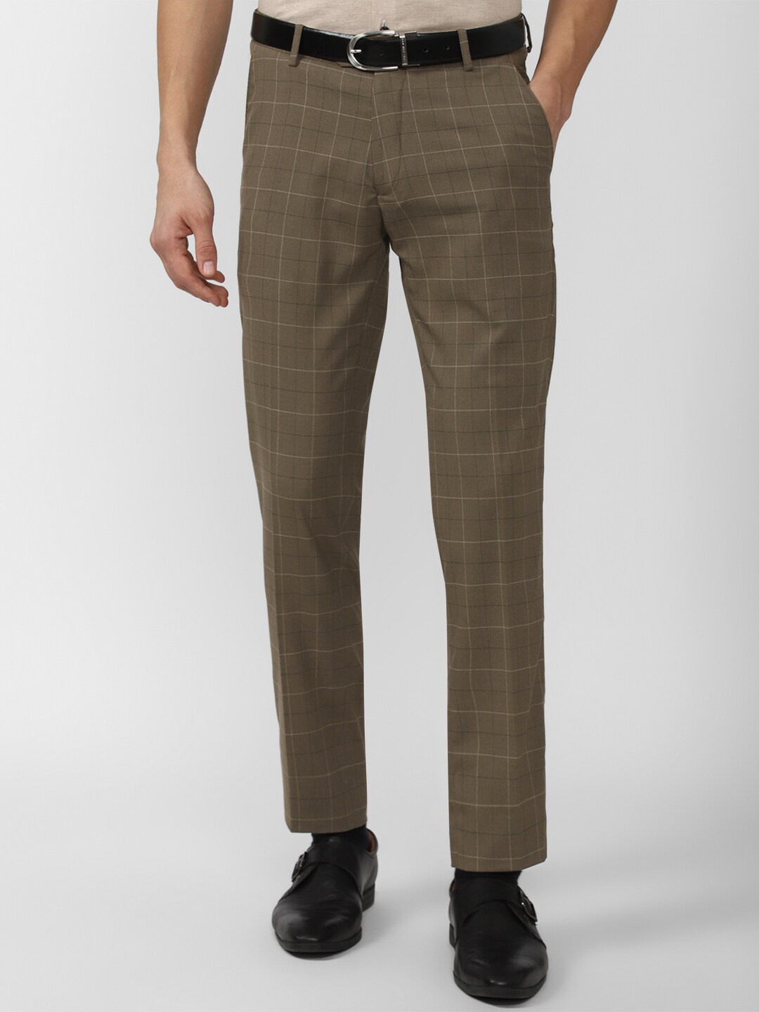 

Peter England Men Checked Slim Fit Trousers, Olive