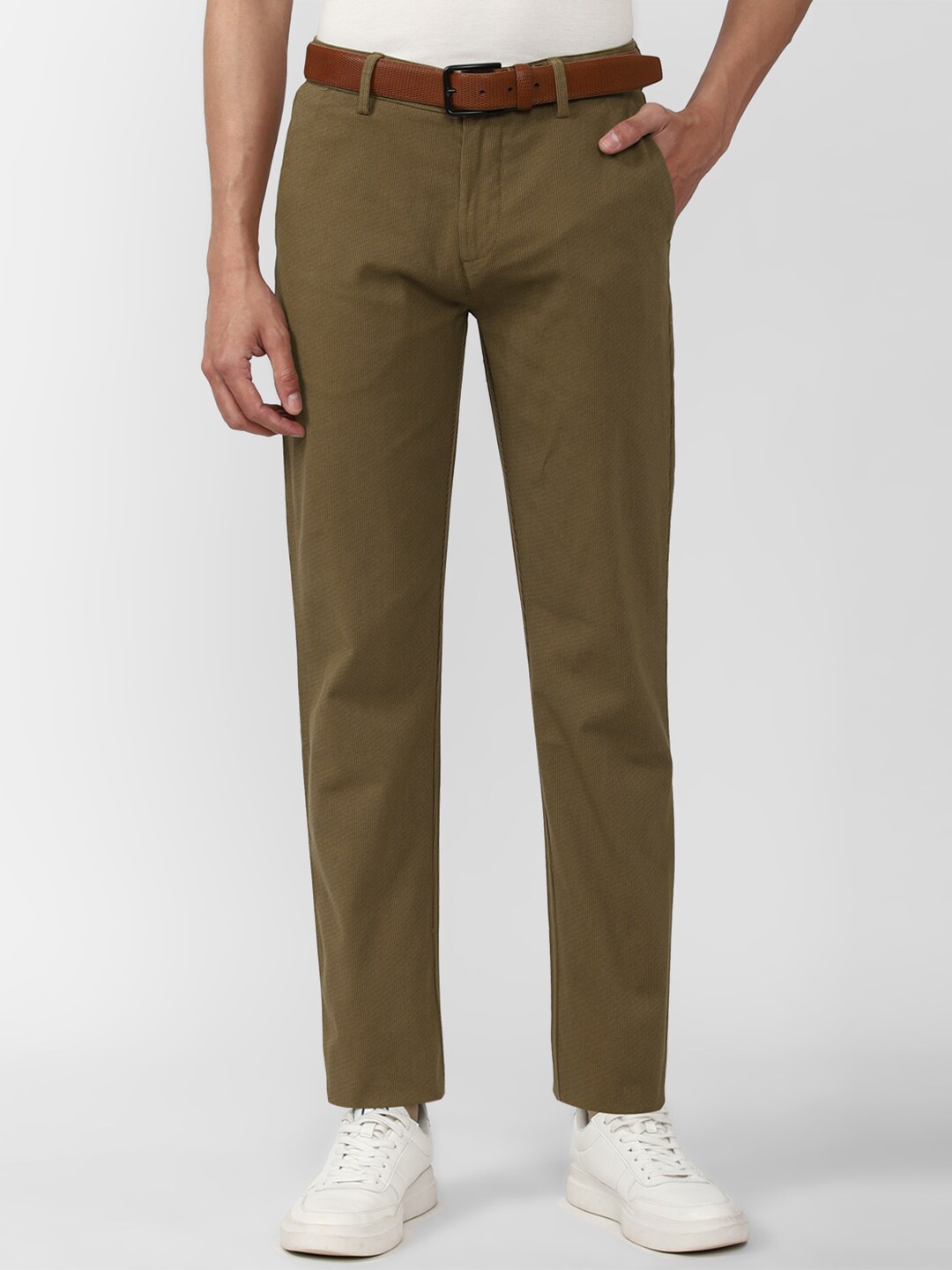 

Peter England Casuals Men Slim Fit Trousers, Olive