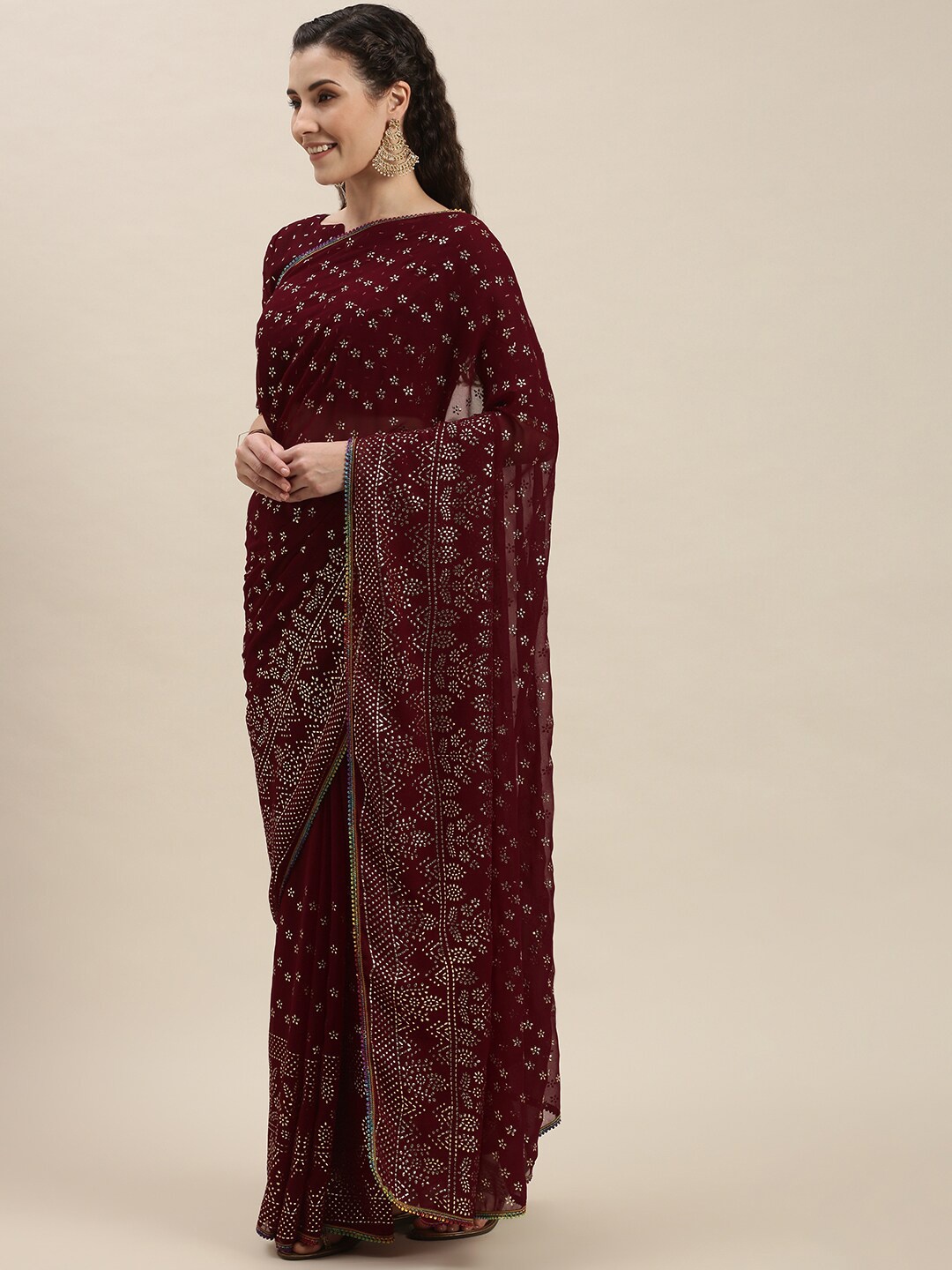 

Fab Dadu Maroon & White Embellished Pure Georgette Saree