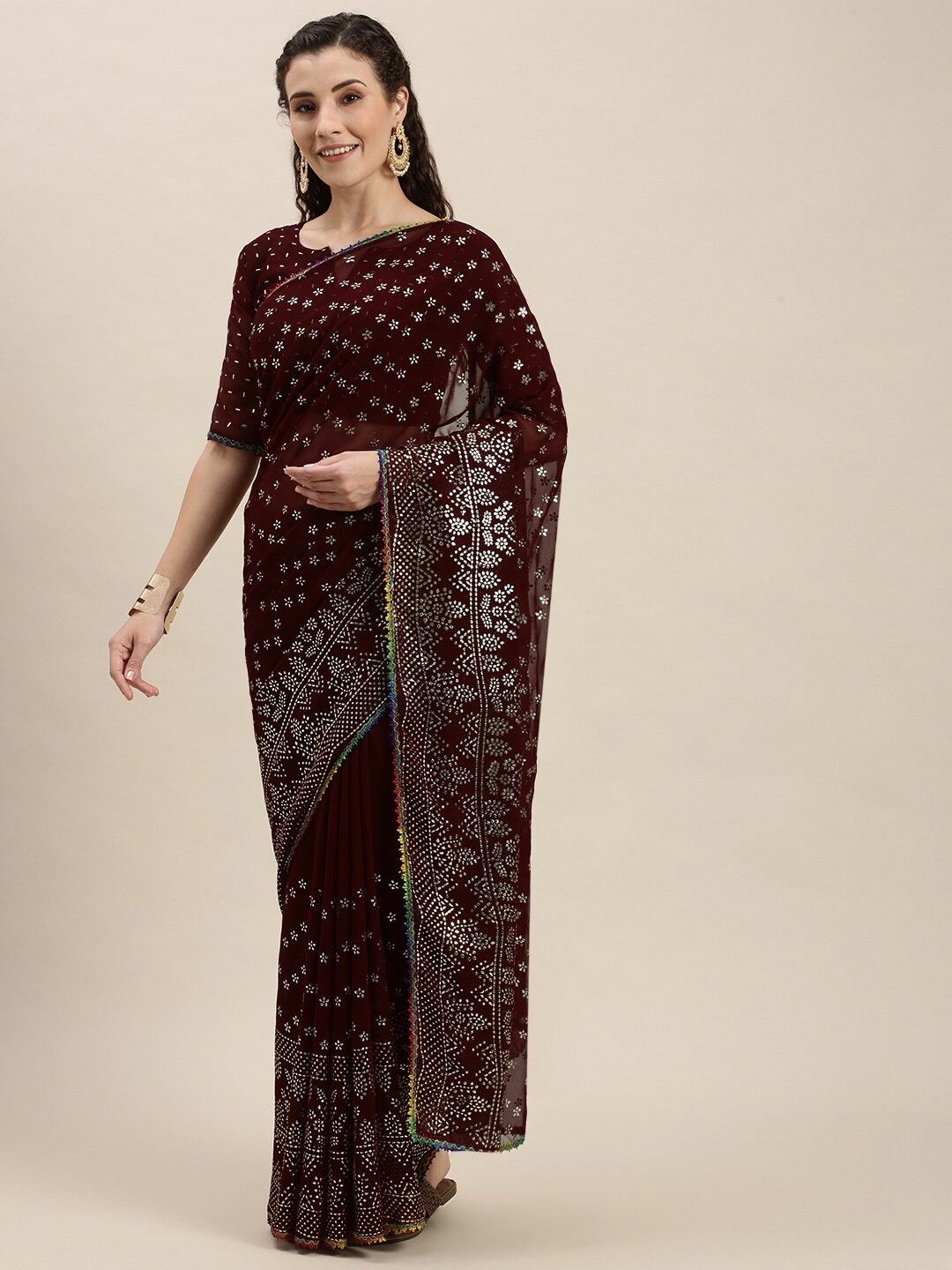 

Fab Dadu Brown Embellished Pure Georgette Saree