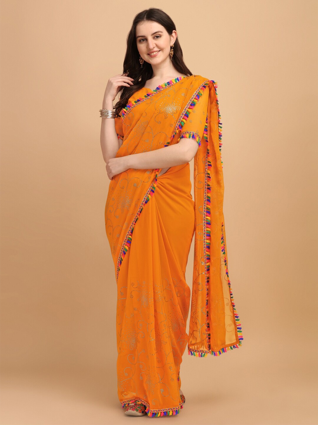 

Fab Dadu Floral Beads and Stones Pure Georgette Saree, Yellow