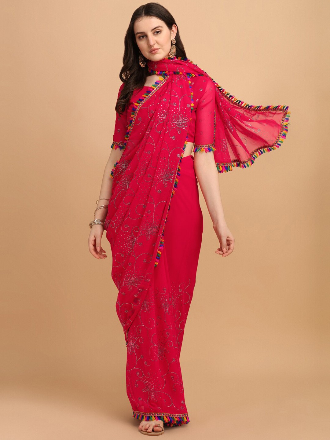 

Fab Dadu Floral Beads and Stones Pure Georgette Saree, Pink