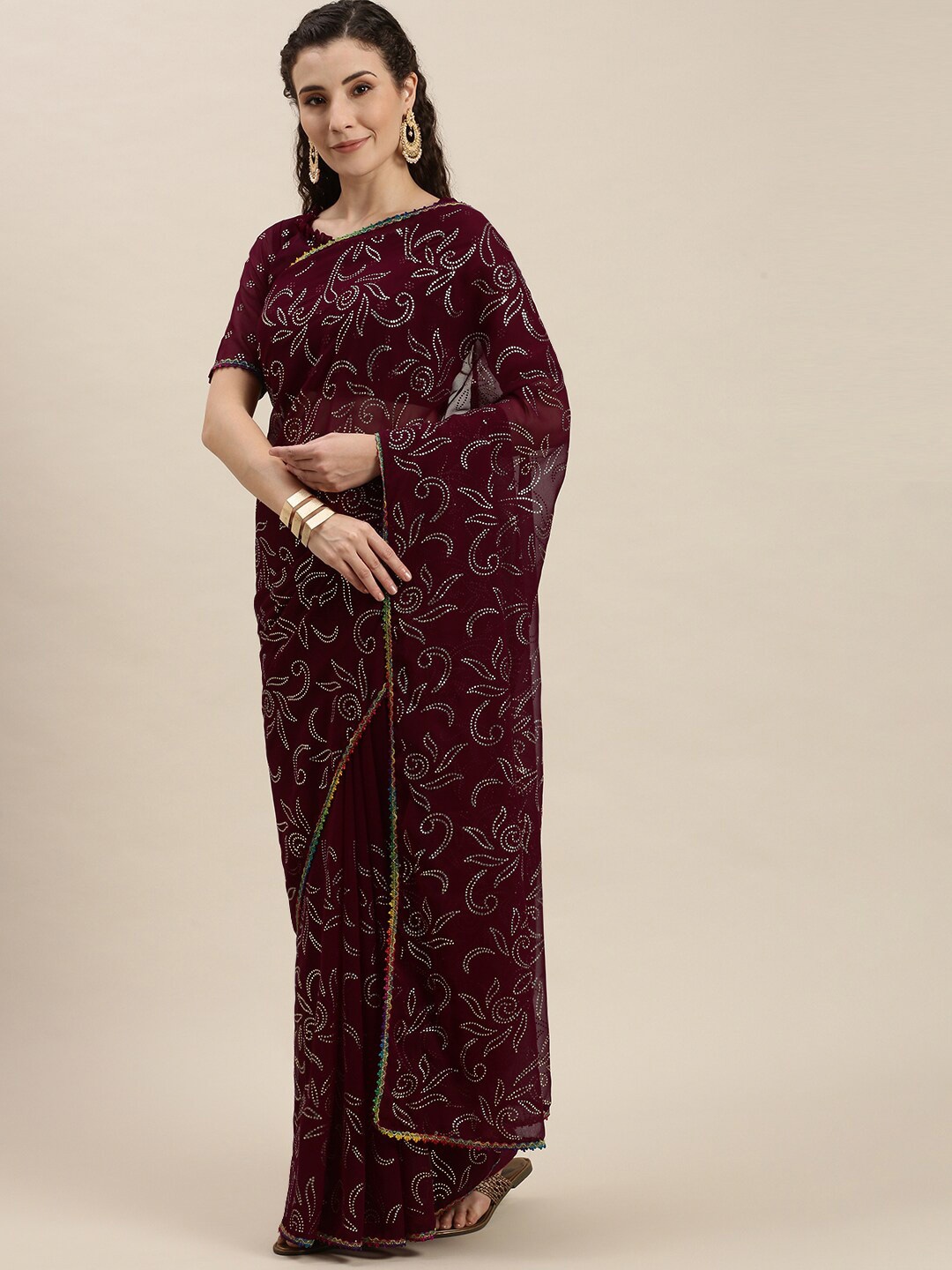 

Fab Dadu Purple & Silver-Toned Floral Pure Georgette Saree