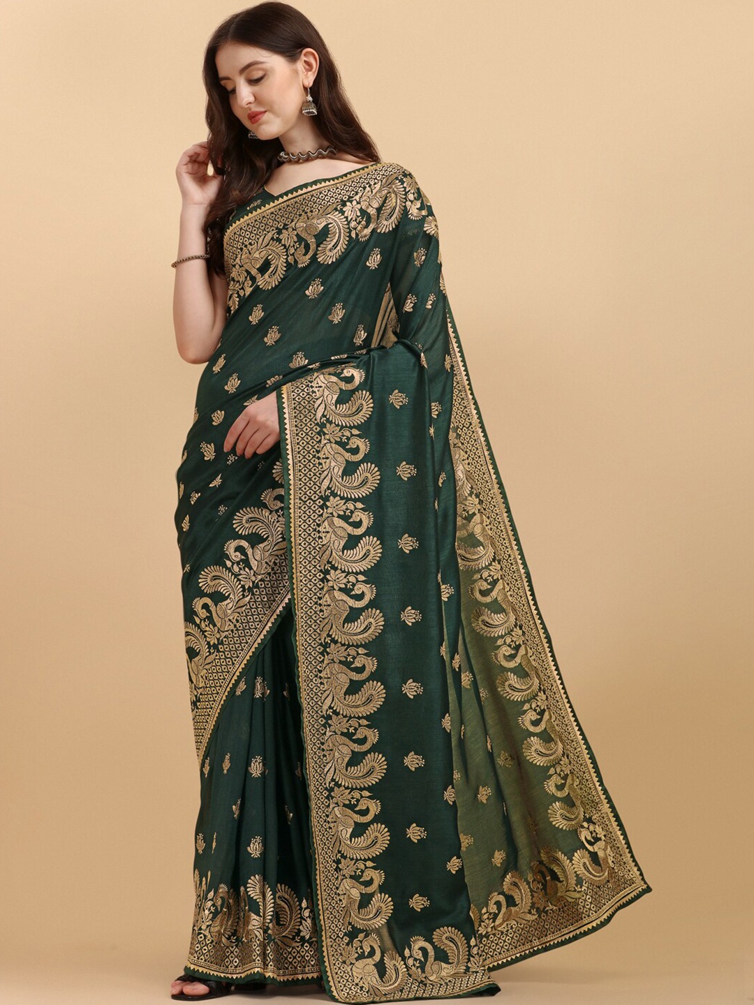 

Fab Dadu Olive Green & Gold-Toned Ethnic Motifs Embroidered Art Silk Saree