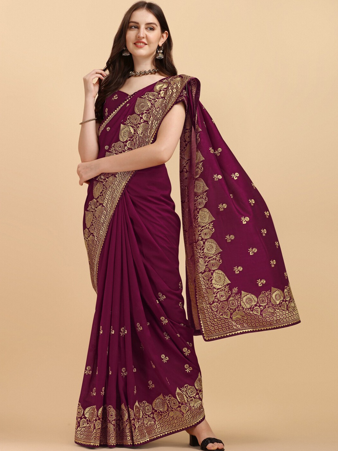 

Fab Dadu Purple & Gold-Toned Floral Embroidered Art Silk Saree