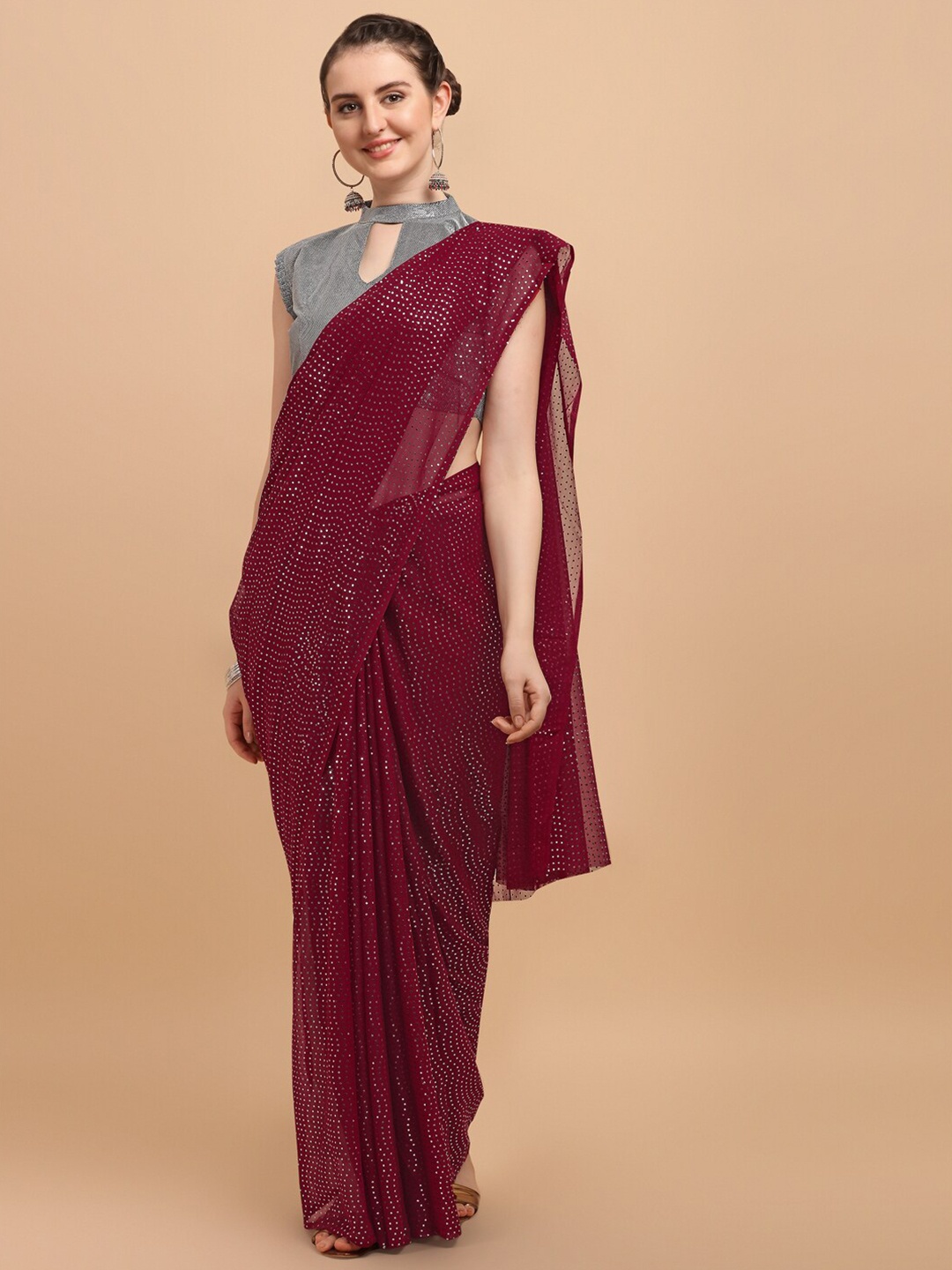 

Fab Dadu Embellished Sequinned Pure Georgette Saree, Maroon