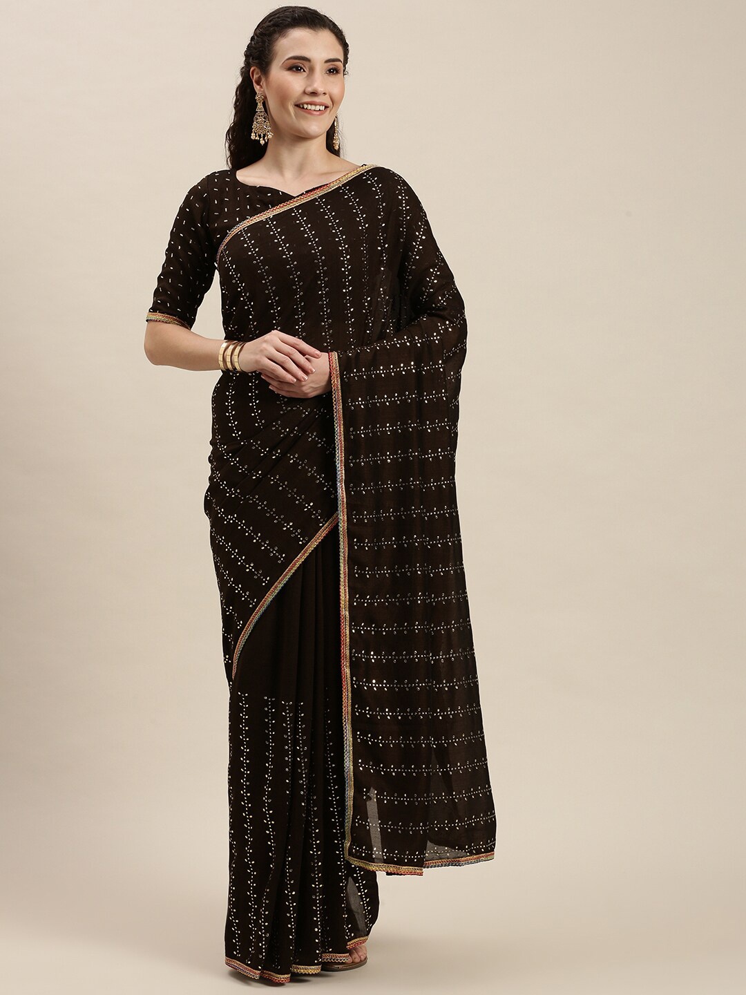 

Fab Dadu Floral Silk Blend Saree, Brown