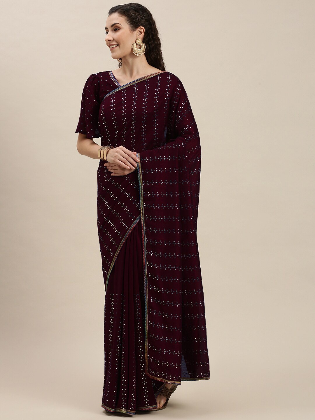 

Fab Dadu Striped Embroidered Silk Blend Saree, Purple