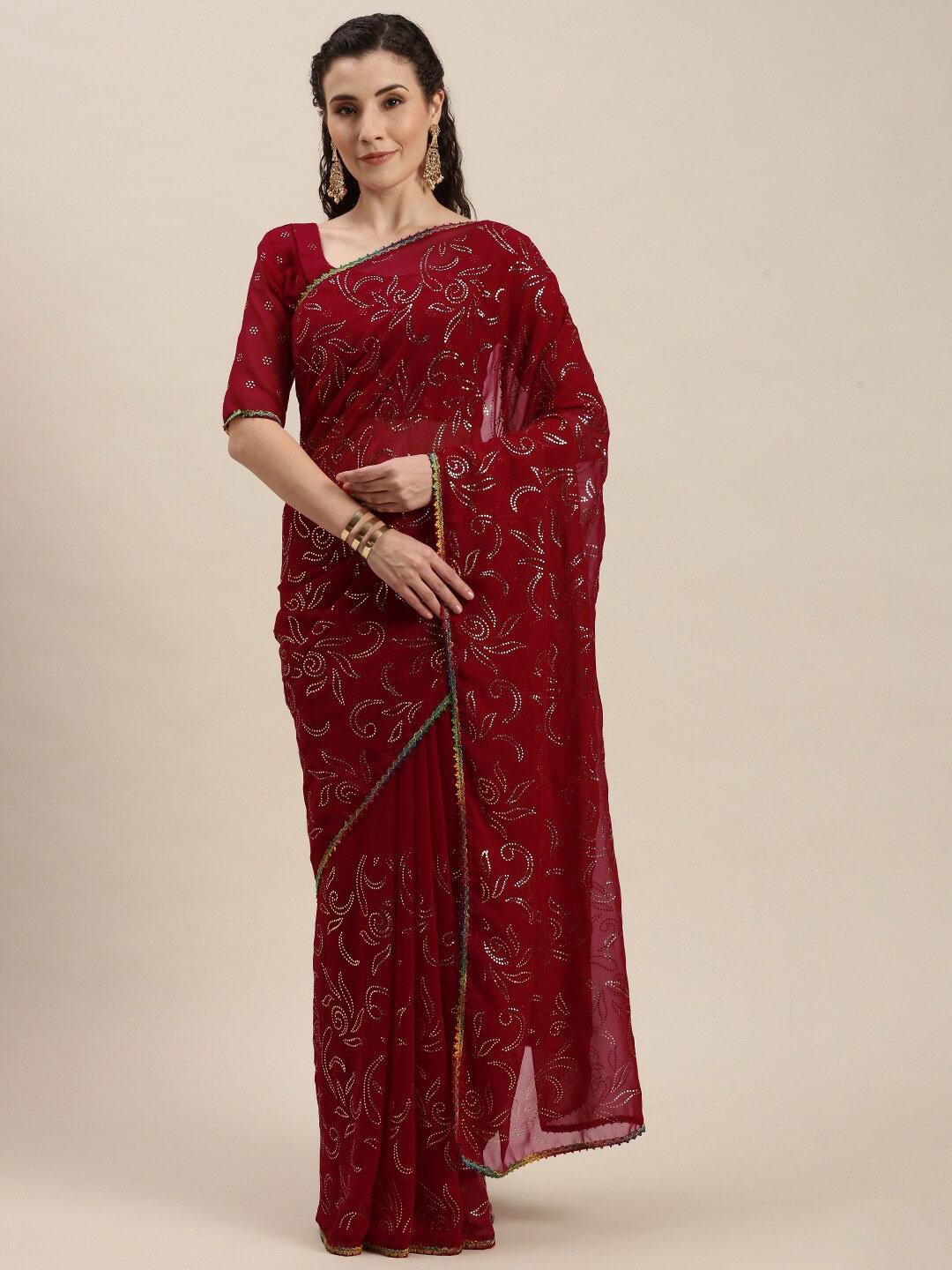 

Fab Dadu Floral Embellished Pure Georgette Saree With Blouse Piece, Pink