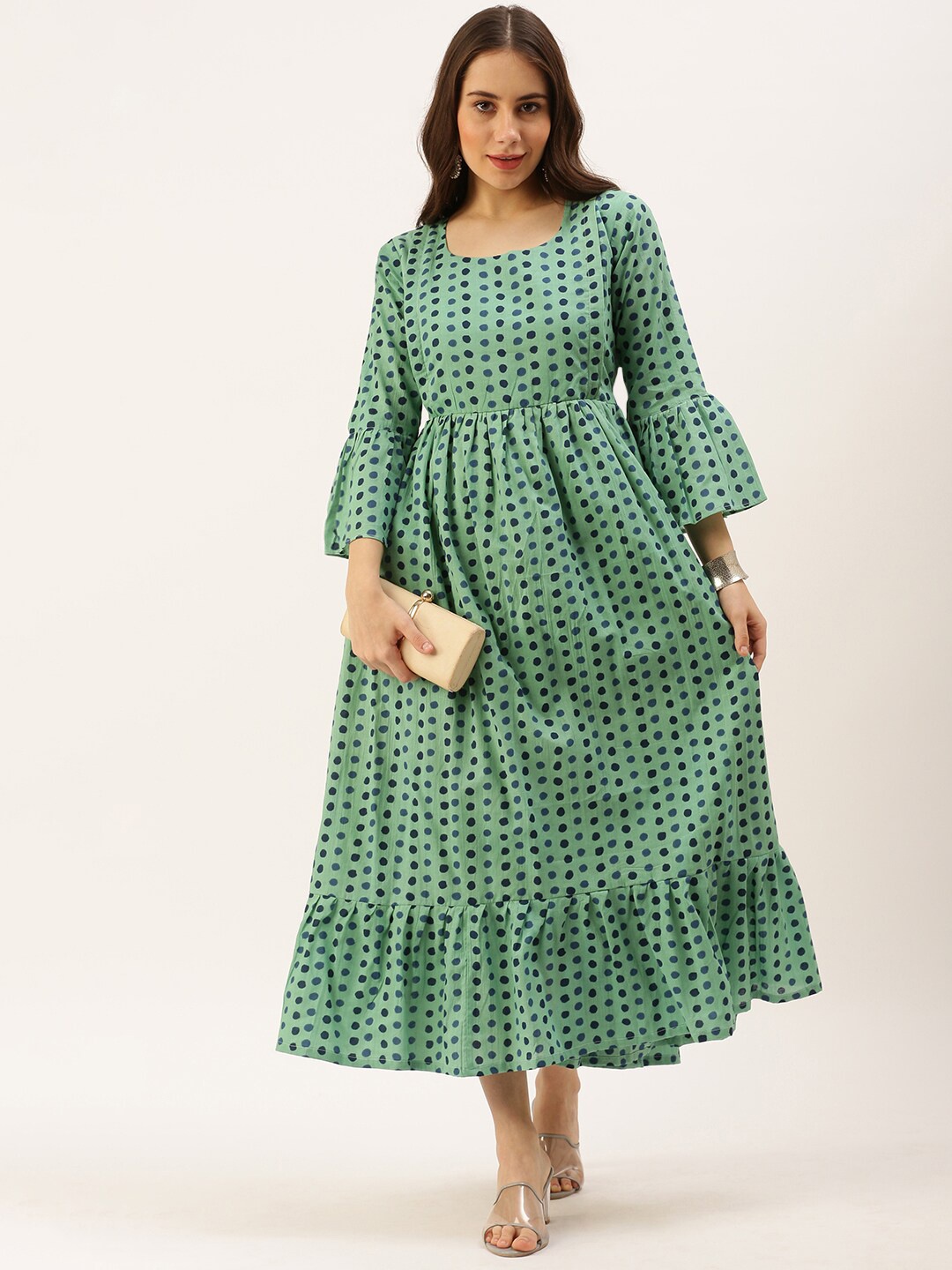 

Putchi Women Polka Dots Printed Cotton Maternity A-Line Midi Dress, Green