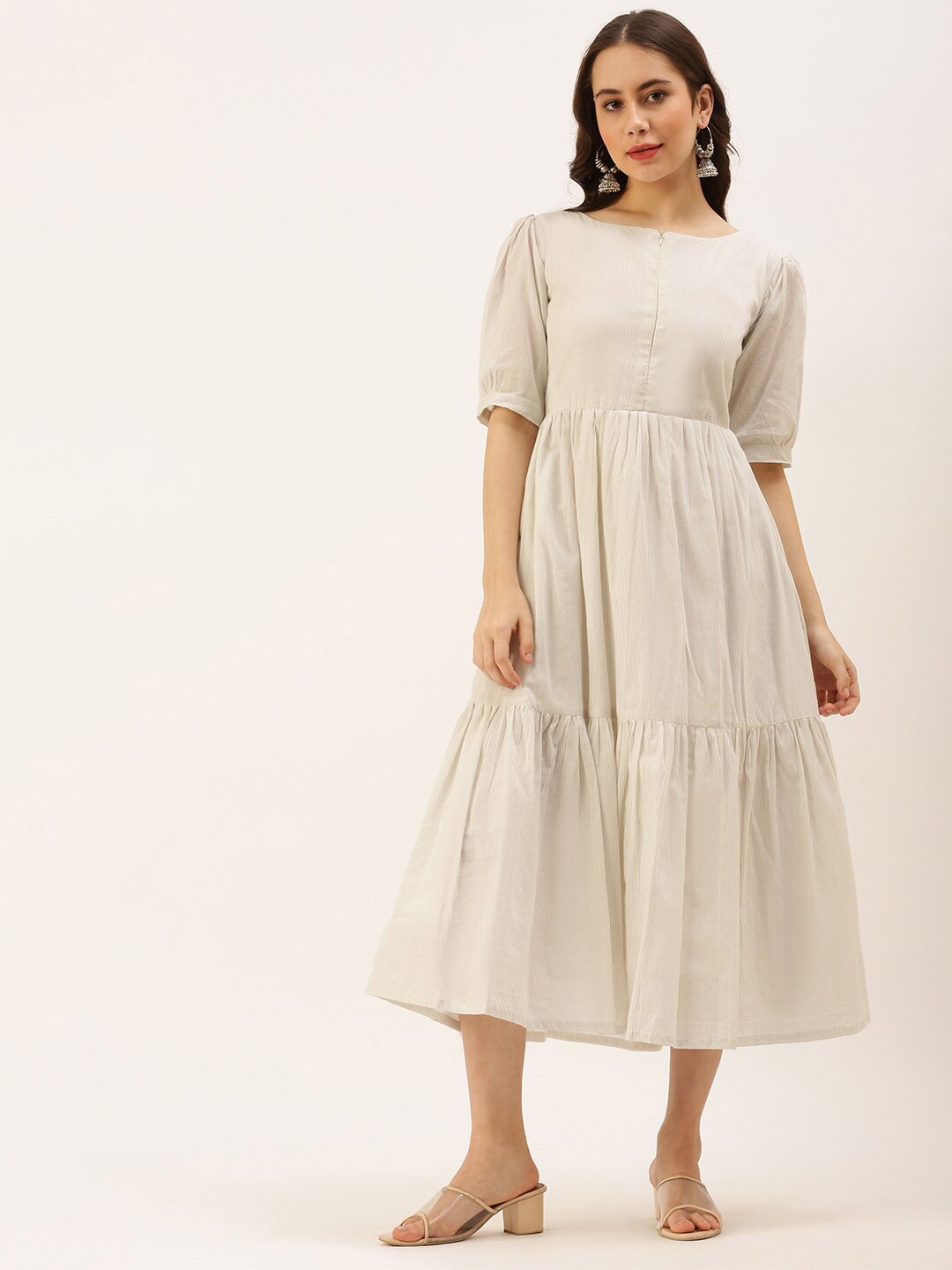 

Putchi Women Striped Cotton Maternity A-Line Midi Dress, White