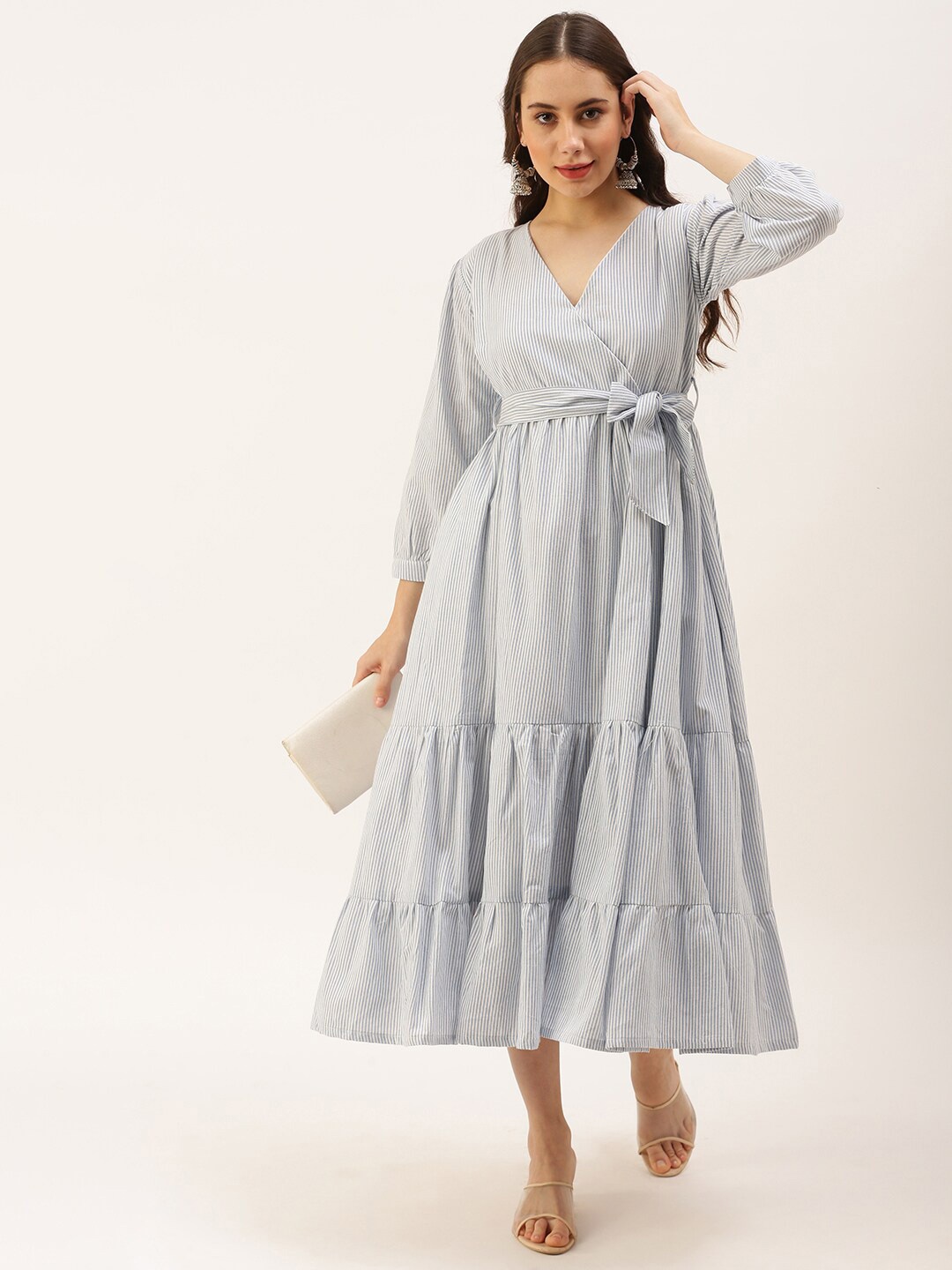 

Putchi Women Striped Cotton Tie-Belt Maternity Midi Dress, Blue
