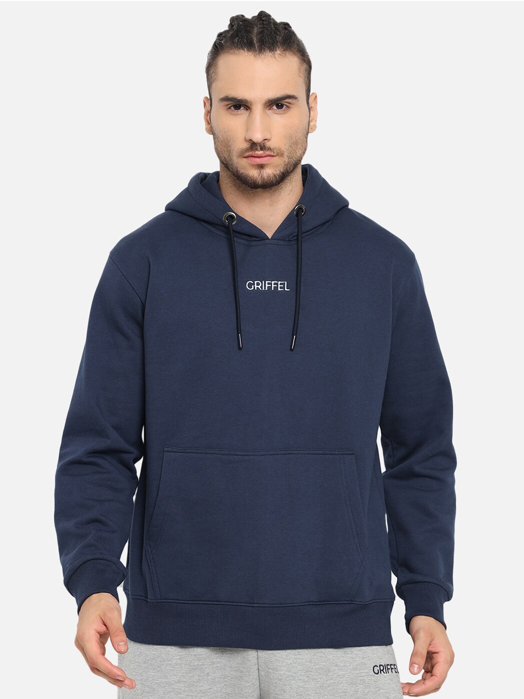 

GRIFFEL Men Brand Logo Embroidered Hooded Fleece Sweatshirt, Navy blue