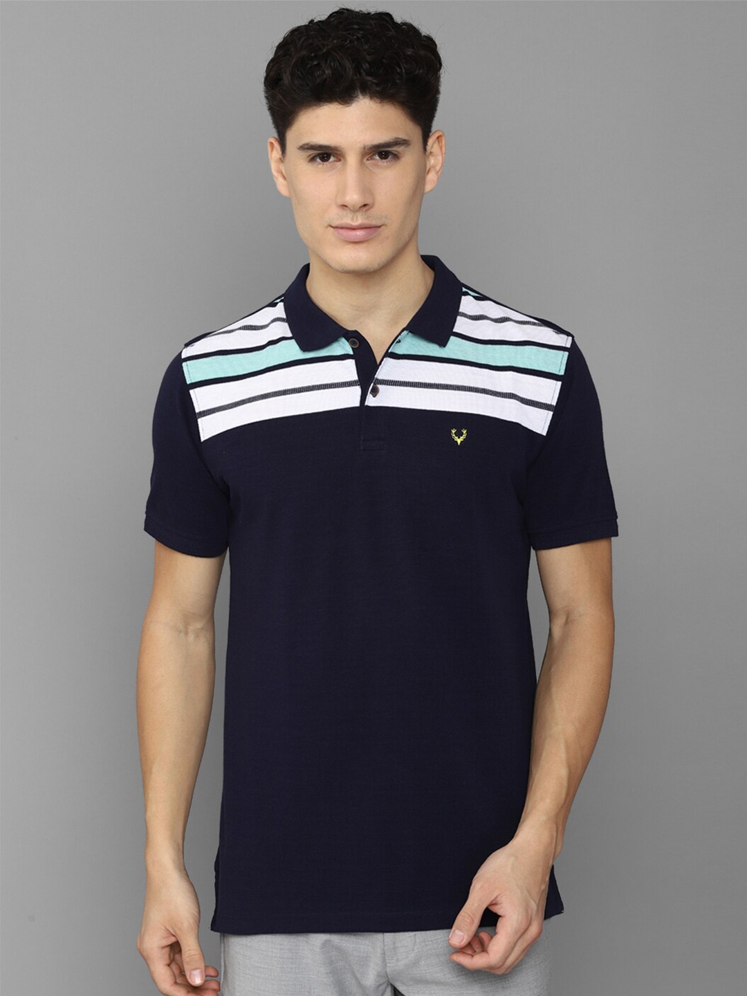 

Allen Solly Men Striped Polo Collar Cotton T-shirt, Navy blue