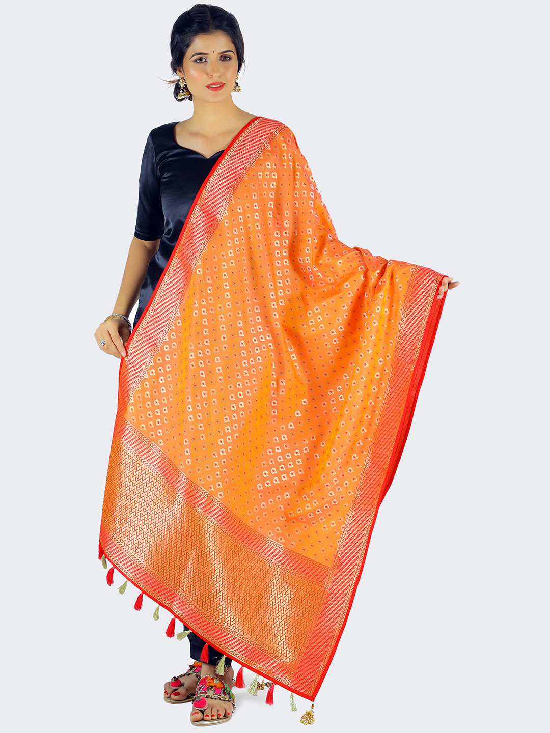 

panchhi Ethnic Motifs Woven Design Dupatta with Zari, Orange