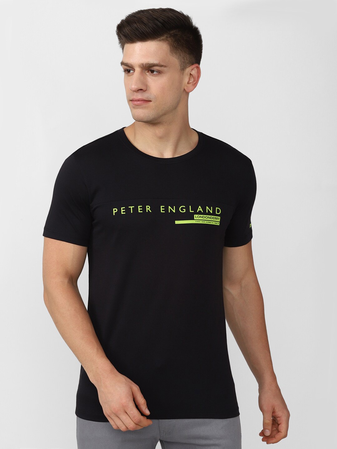 

Peter England Men Typography Printed Slim Fit Causal T-shirt, Black