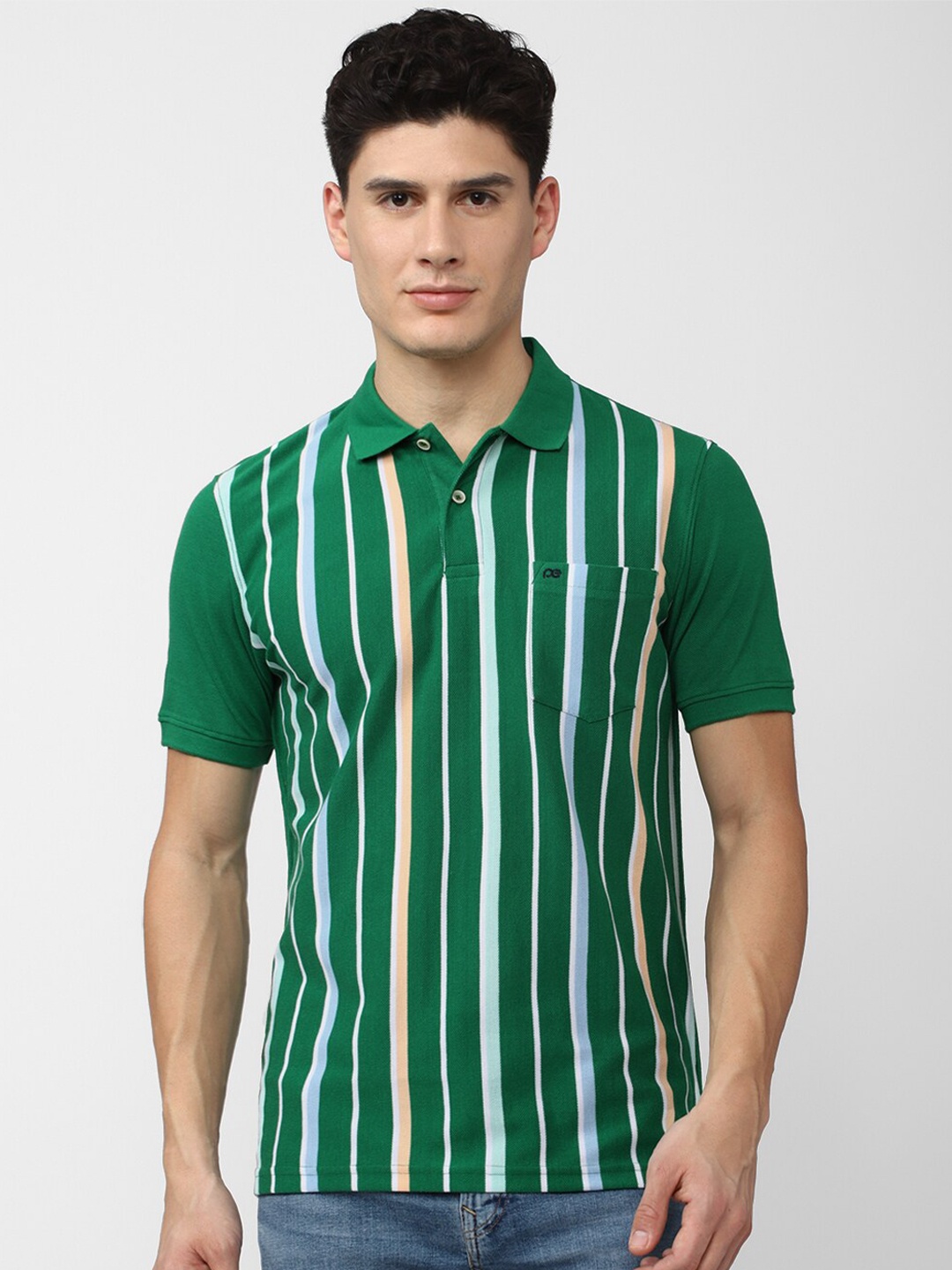 

Peter England Men Striped Polo Collar Causal T-shirt, Green