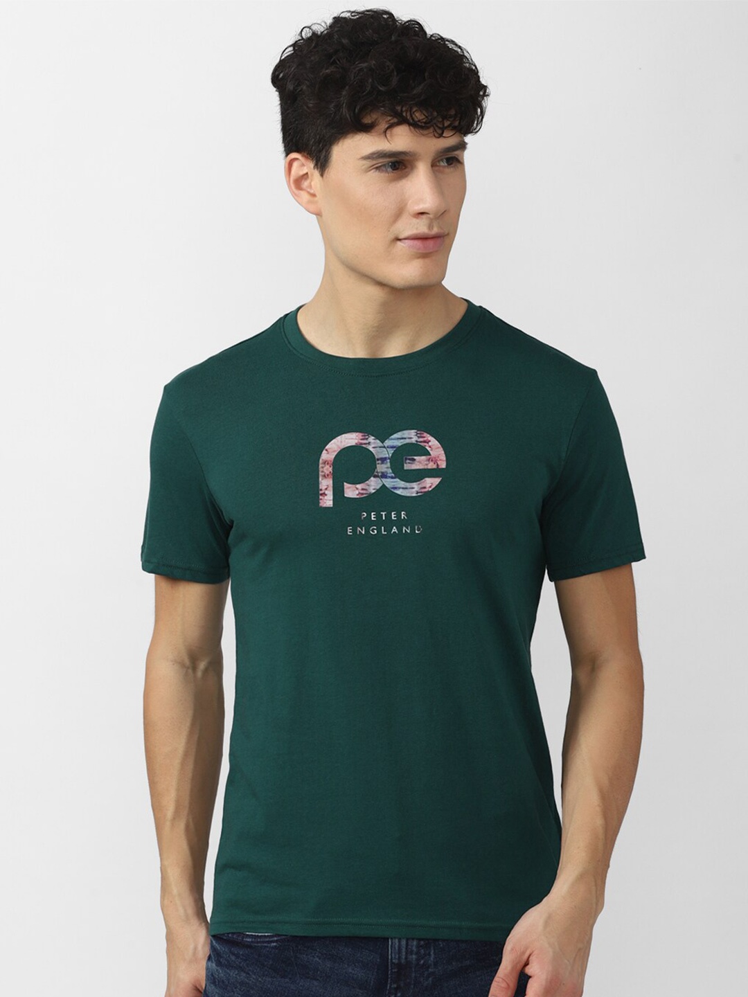 

Peter England Men Printed Slim Fit Causal T-shirt, Green