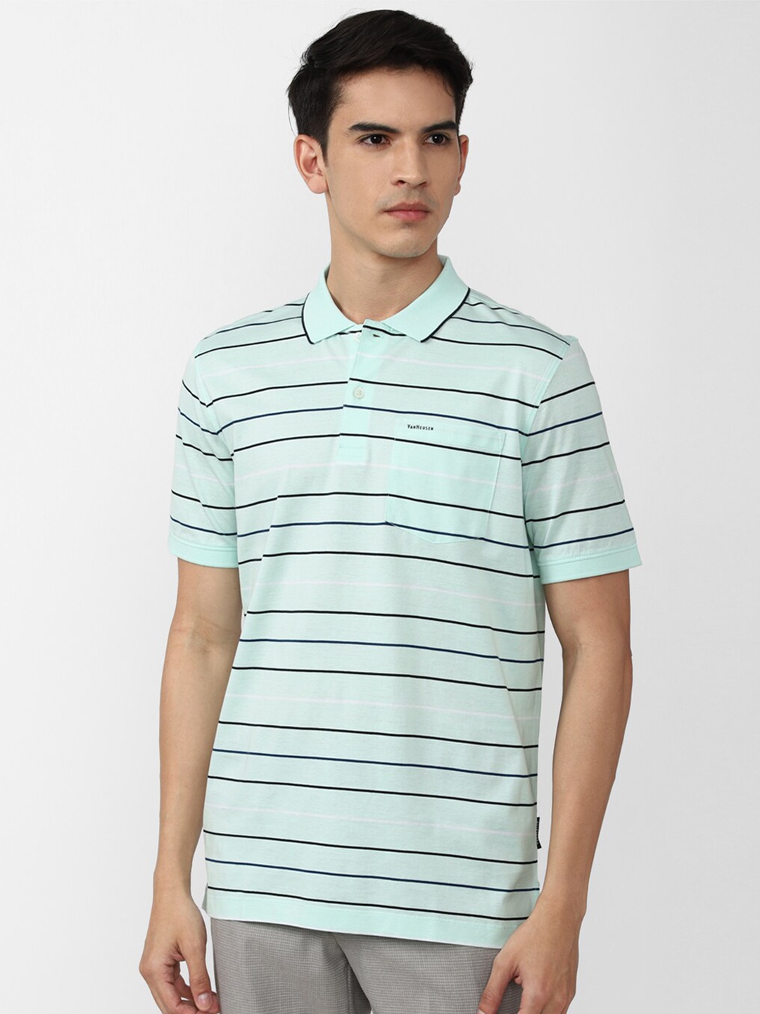 

Van Heusen Men Striped Polo Collar T-shirt, Blue