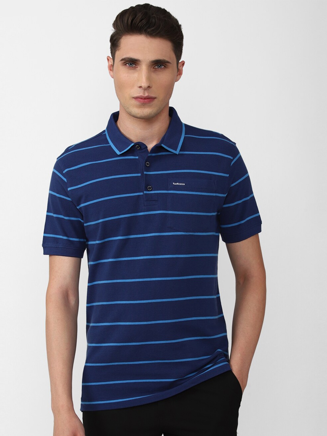 

Van Heusen Men Striped Polo Collar Cotton T-shirt, Blue