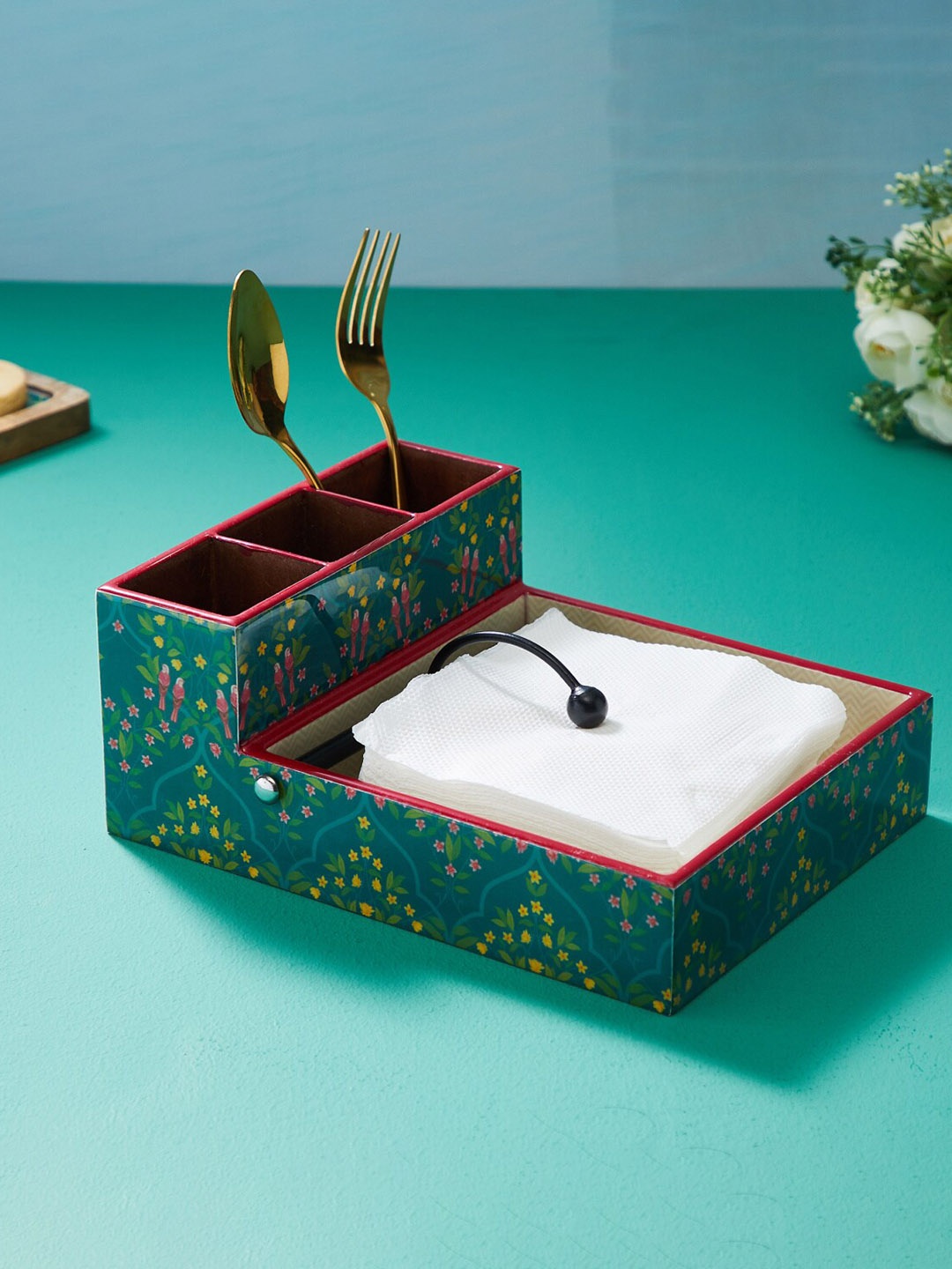 

Home Centre Corsica Bela Teal Blue & Pink Floral Mango Wood Napkin And Cutlery Holder