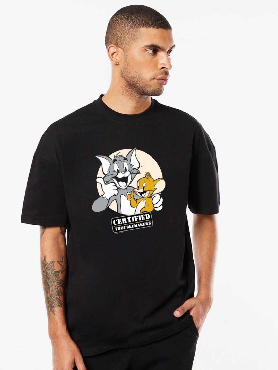 

Bewakoof Certified Troublemakers Graphic Printed Oversized T-shirt, Black