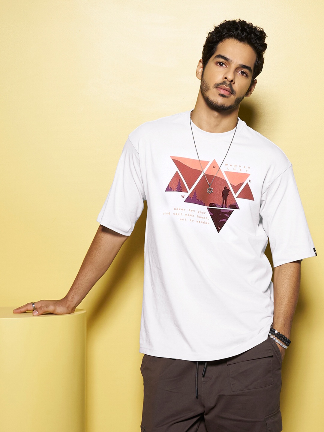 Bewakoof Wander Geometry Graphic Printed Oversized T-shirt, White