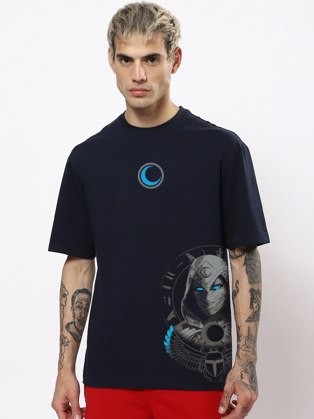 

Bewakoof Men Cotton Printed Oversized Fit T-shirt, Navy blue