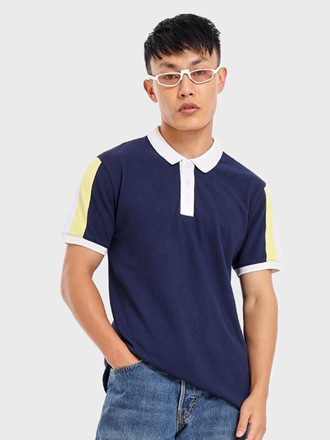 

Bewakoof Men Cotton Colourblocked Polo Collar T-shirt, Blue