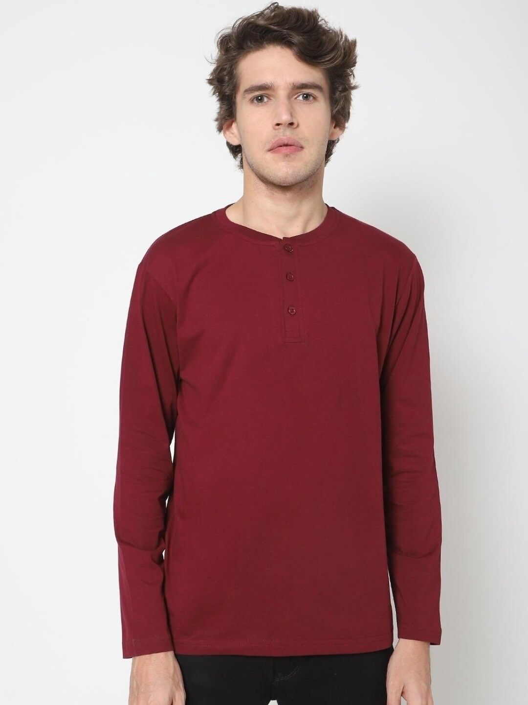 

Bewakoof Men Cotton Henley Neck T-shirt, Maroon